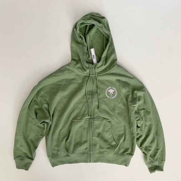 PINK Victoria's Secret Sweatshirt Hooded Sweater Hoodie Green Print Full Zip Nwt - Picture 1 of 4